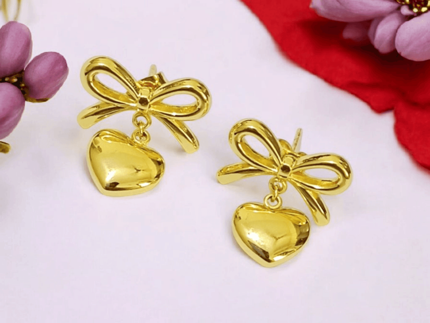 Mini heart bow gold anti tarnish earrings