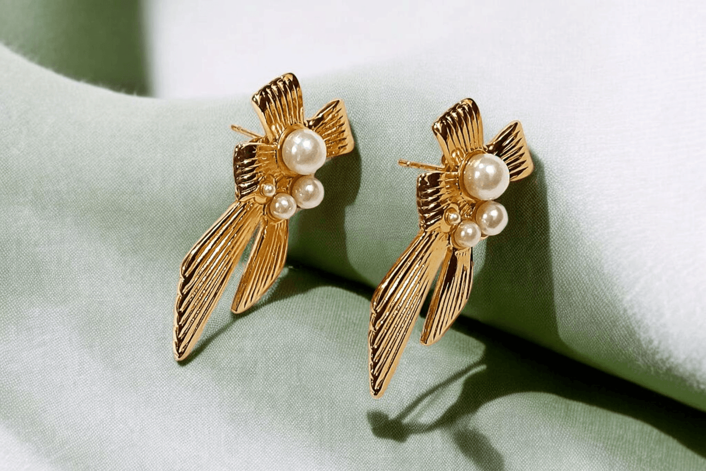 pearl bow gold anti tarnish earrings