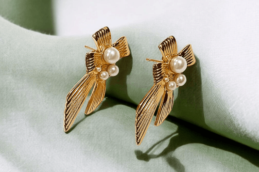 pearl bow gold anti tarnish earrings